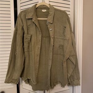 POL Olive Distressed Shacket